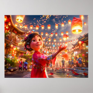 Comic-Mädchen mit Laternen feiert Chinesisches Neu Poster