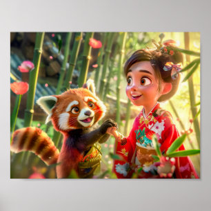 Comic-Mädchen mit Rotem Panda in spielerischer Sze Poster