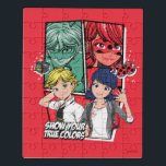 Comic Marinette & Adrien Puzzle<br><div class="desc">Karo aus dieser Comic-Grafik mit Adrien & Marinette mit ihrem wunderbaren Cat Noir & Ladybug im Hintergrund,  und der Phrase "Zeige deine wahren Farben"!</div>