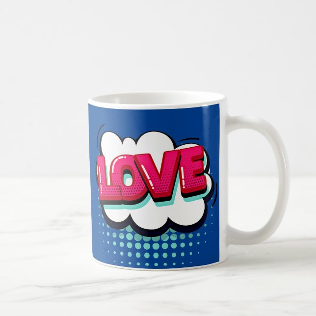Comic Pop Art Blue Pink LIEBE Neuartiges Funny Kaffeetasse (Rechts)