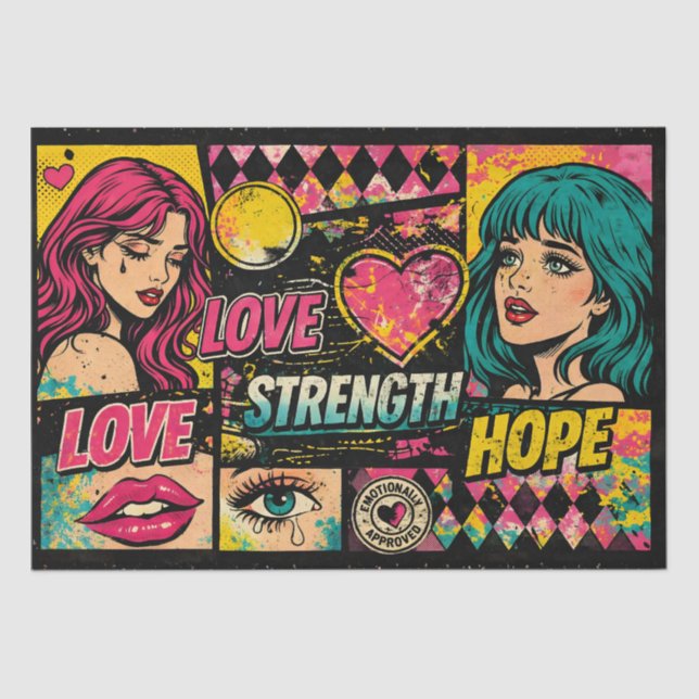 Comic Pop Art Decoupage Paper Love Strength Hope  Seidenpapier (Vorderseite)