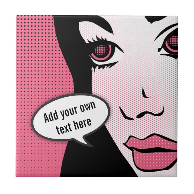 Comic Pop Art eines Frauengesichts mit benutzerdef Fliese (Vorderseite)