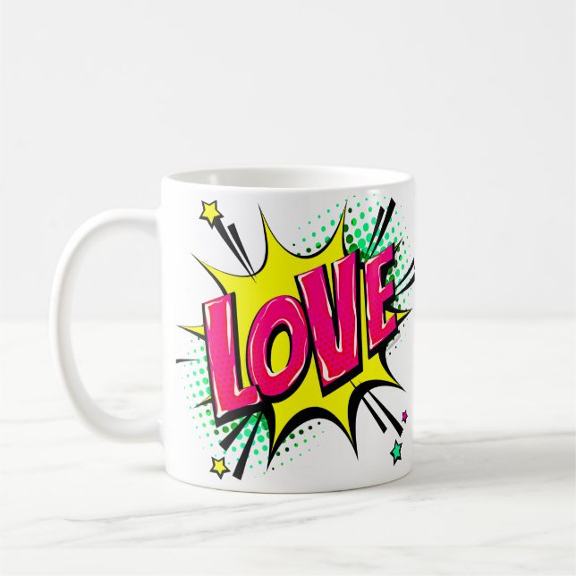 Comic Pop Art Lila Gelbe LIEBE Kaffeetasse (Links)