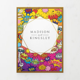 Comic Pop Art 💥 Sprechblase Hochzeit Graffiti Dreifach Gefaltete Einladung