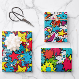 Comic Pop Art Stars Farbiges Muster Geschenk Geschenkpapier Set