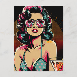 Comic Retro Pinup Giro mit Cocktail Geburtstag Postkarte
