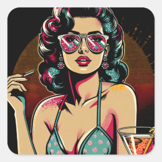 Comic Retro Pinup Giro mit Cocktail Geburtstag Quadratischer Aufkleber