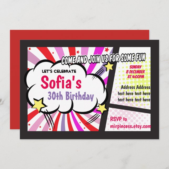 Comic, Retro, Pop, Superhero zum Geburtstag einlad Einladung (Vorne/Hinten)