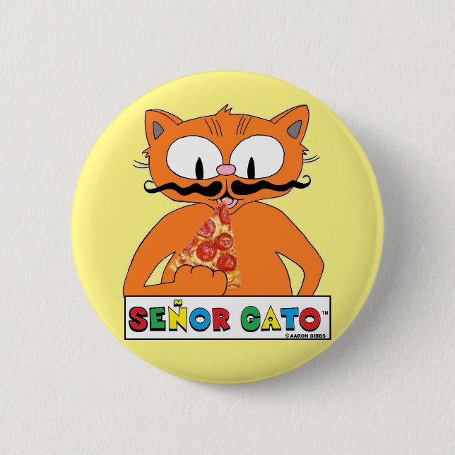 Comic-Schnurrbart-Katze beim Pizzaessen Button (Vorderseite)