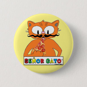 Comic-Schnurrbart-Katze beim Pizzaessen Button