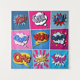 Comic-Sprechblasen-Set. Ausdrücke Bom, Cool, Pow, Wandteppich
