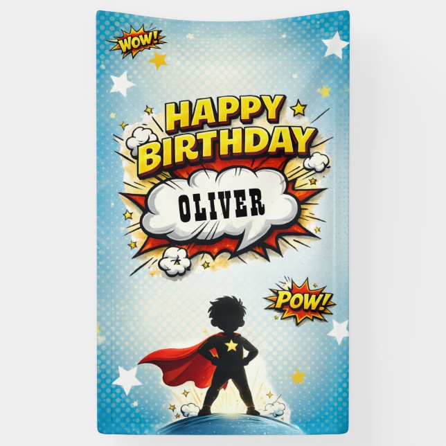 Comic-Stil-Superhelden-Jungen-Name Geburtstag Banner (Vertikal)