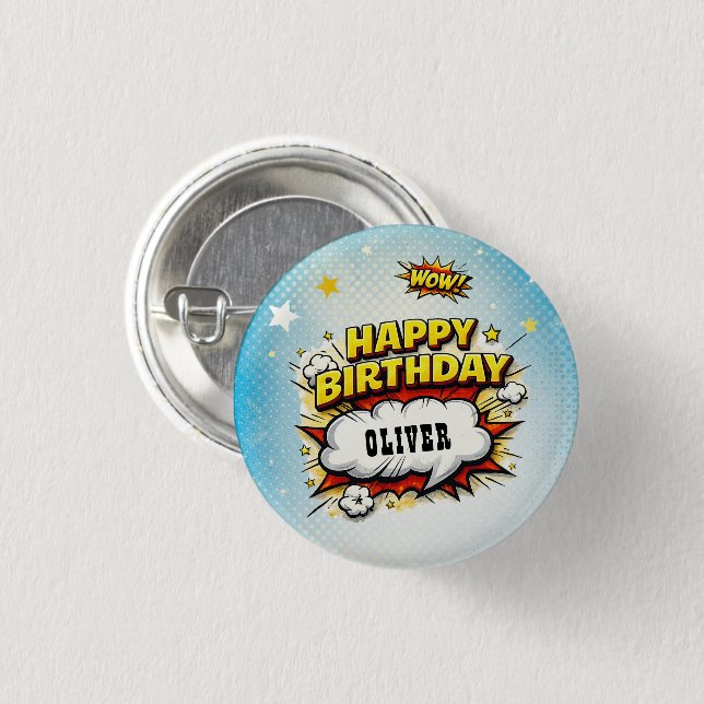 Comic-Stil-Superhelden-Jungen-Name Geburtstag  Button (Vorne & Hinten)