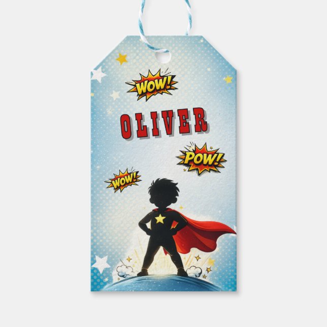Comic-Stil-Superhelden-Jungen-Name Geburtstag Geschenkanhänger (Vorderseite)