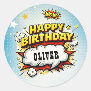 Comic-Stil-Superhelden-Jungen-Name Geburtstag Runder Aufkleber