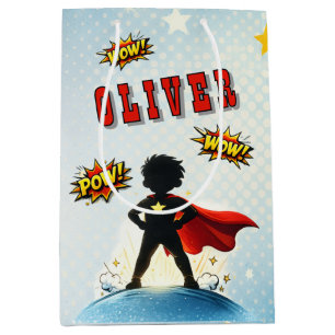 Comic-Stil-Superhelden-Jungen-Name-Geburtstagsfeie Mittlere Geschenktüte