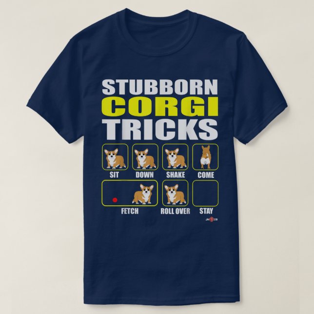 Comic Stubborn Corgi Tricks T-Shirt (Design vorne)
