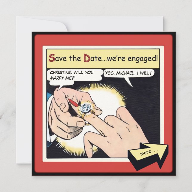 Comic Style Bling Ring Save the Date Rot (Vorderseite)