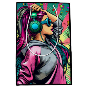 Comic Style Pop Art Girl in Kopfhörer Geburtstag Mittlere Geschenktüte