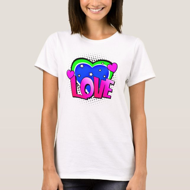 Comic Style Pop Art Retro Blue Green Pink LIEBE T-Shirt (Vorderseite)
