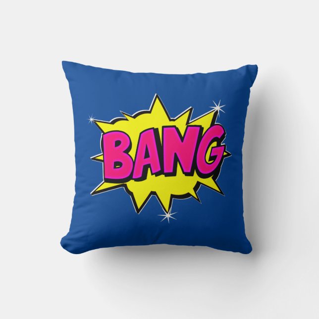 Comic Style Pop Art Retro Gelb Rosa Blau BANG Kissen (Vorderseite)