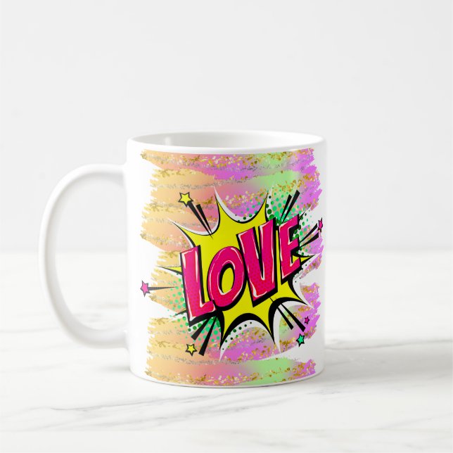 Comic Style Pop Art Retro Rosa Gelbe LIEBE Regenbo Kaffeetasse (Links)