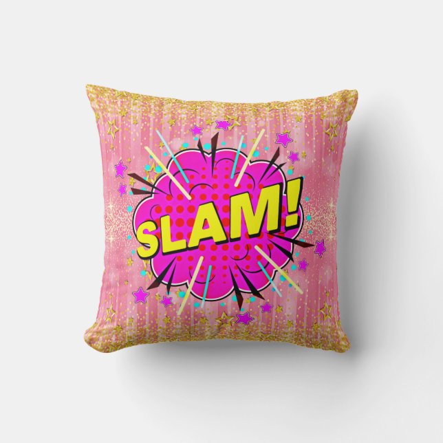 Comic Style Pop Art Retro Rosa Gelbe SLAM Kissen (Vorderseite)