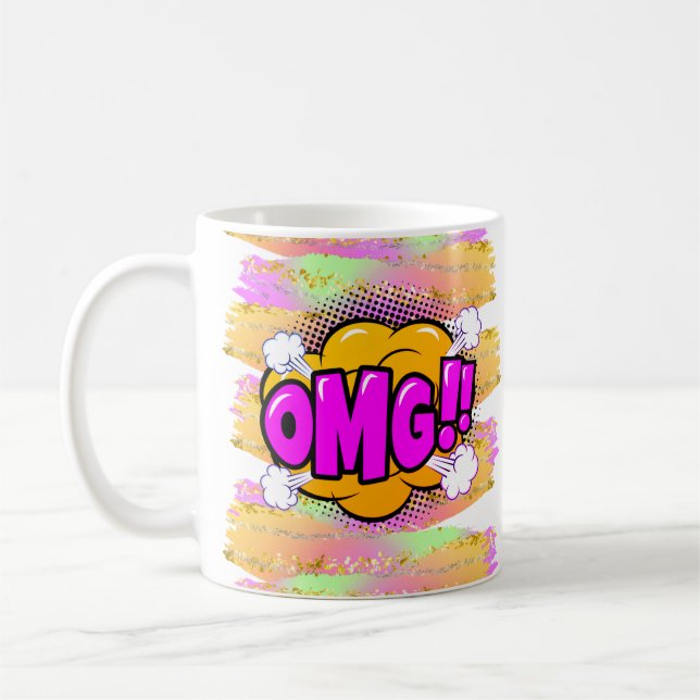Comic Style Pop Retro Yellow Lila OMG Regenbogen Kaffeetasse (Links)
