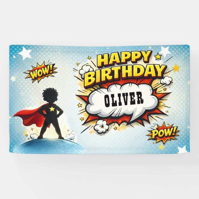 Comic-Style-Superhelden-Jungen-Name Geburtstag Banner (Horizontal)