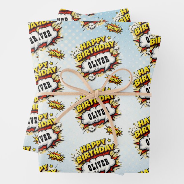 Comic Style Superhelden-Jungen-Name Geburtstag  Geschenkpapier Set (Beispiel)