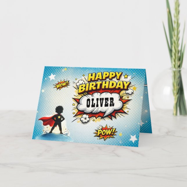 Comic-Style-Superhelden-Jungen-Name Geburtstag Karte (Vorderseite)