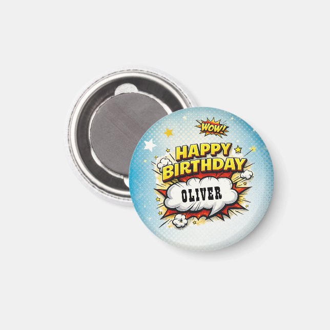 Comic Style Superhero Boy's Name Birthday  Magnet (Vorderseite/Rückseite)