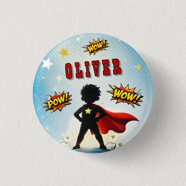 Comic Style Superhero Boy's Name Birthday Party Button (Vorderseite)