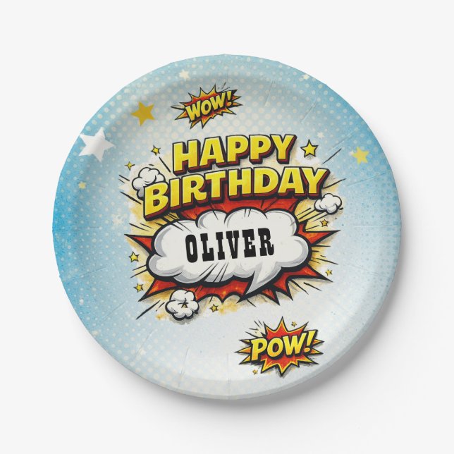 Comic Style Superhero Boy's Name Birthday Party  Pappteller (Vorderseite)