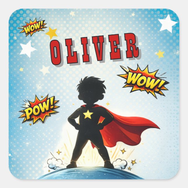 Comic Style Superhero Boy's Name Birthday Quadratischer Aufkleber (Vorderseite)