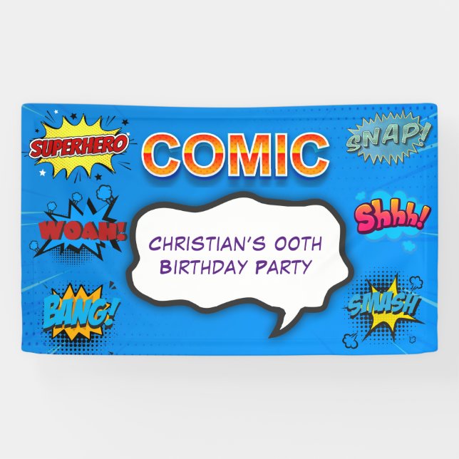 Comic Superhero Blue Kindergeburtstag Party Banner (Horizontal)