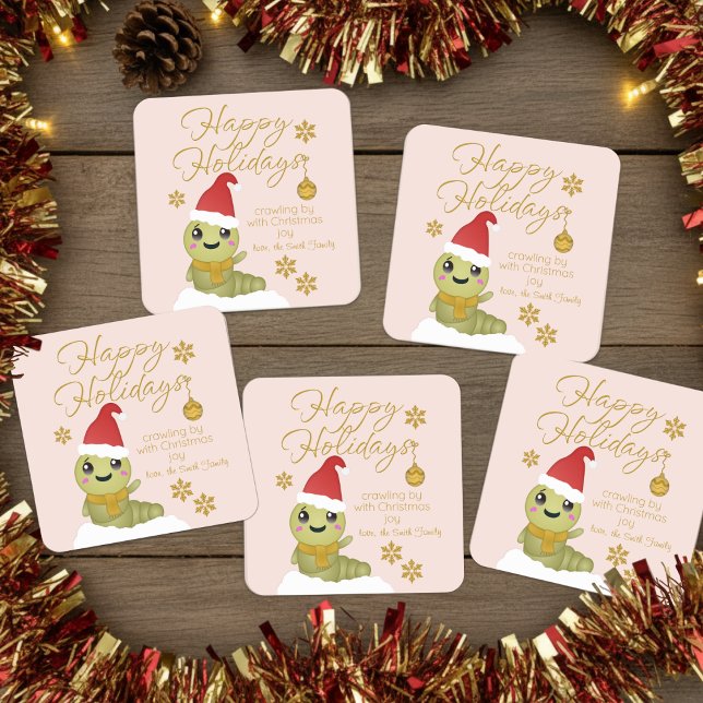 Comic-Weihnachtswurm mit Skripttext Quadratischer Aufkleber (Customize these cute Christmas stickers and send them off with your gift of love.)