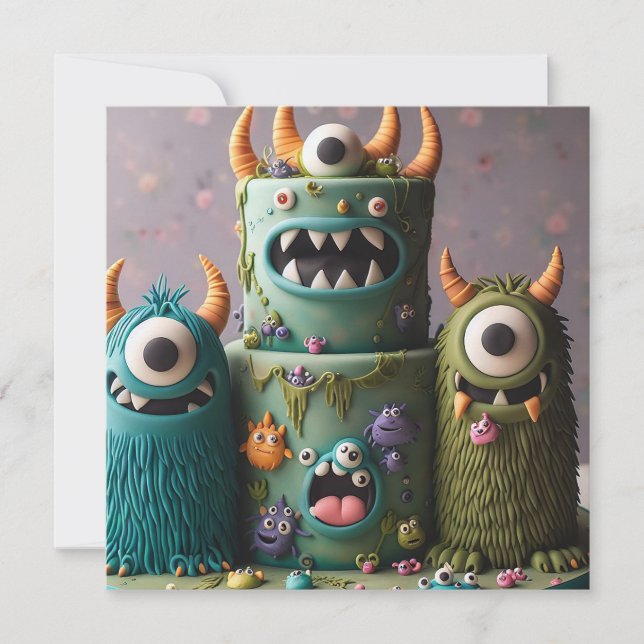 COMICAL ODDBALL KOOKY MONSTER CAKE BIRTHDAY EINLADUNG (Vorderseite)