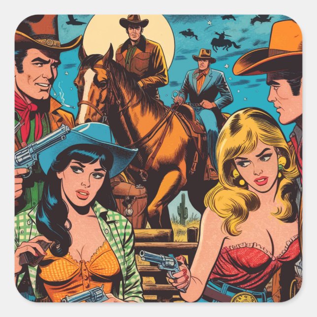 Comicen für Retro-Western Quadratischer Aufkleber (Vorderseite)