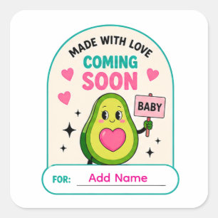 🥑 Coming Soon Baby-Shower-Name-Aufkleber 🥑 Quadratischer Aufkleber