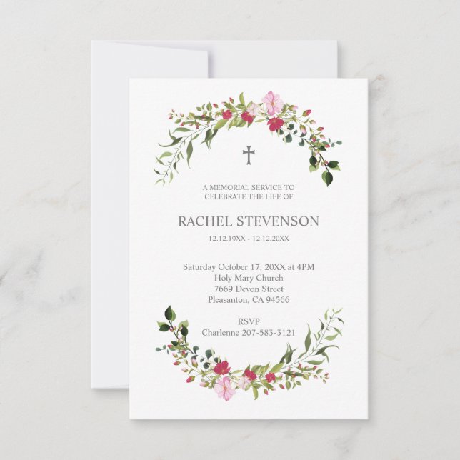 Commemorative In memoriam Floral in Pink & Red Einladung (Vorderseite)