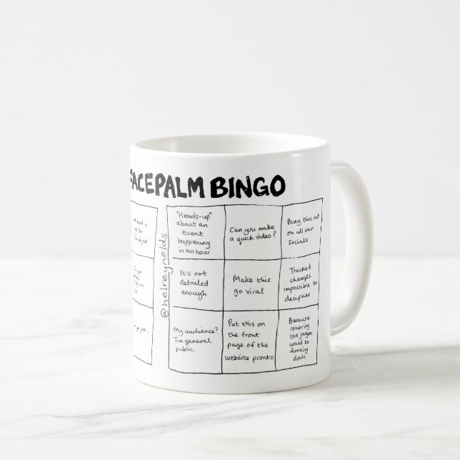 Comms Facepalm Bingo (A+B-Karten) Kaffeetasse (VorderseiteRechts)