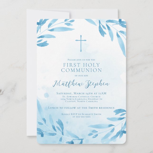 Communion Blue Watercolor Blätter und Cross Einladung (Vorderseite)