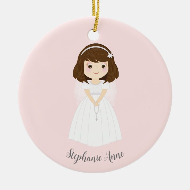 Communion Dove Brünett Girl Keramik Ornament (Vorne)