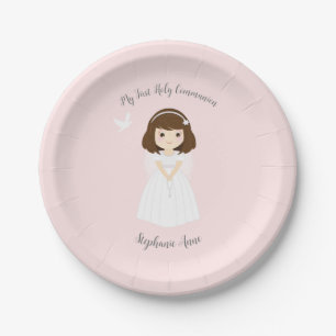 Communion Dove Brünett Girl Pappteller