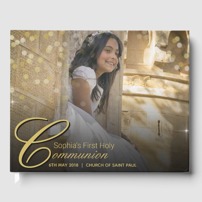 Communion Foto Elegant Gold Typografy Glitzer Gästebuch (Vorderseite)