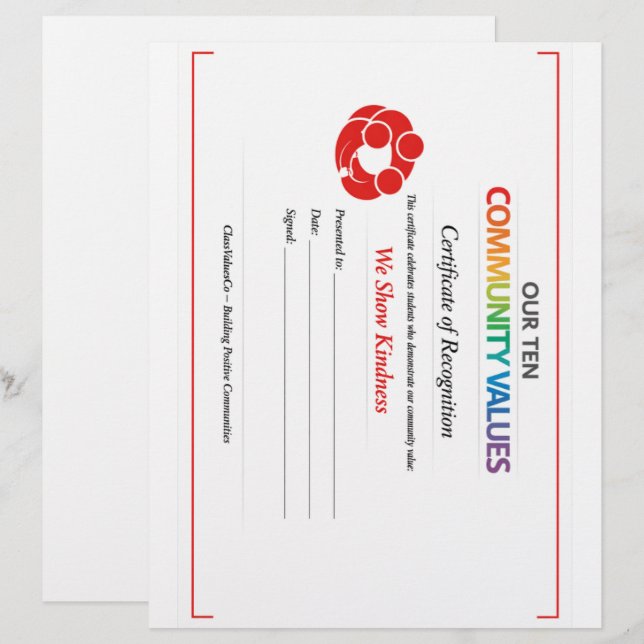 Community Kindness Certificate 8.5x11 Letterhead Briefbogen (Vorne/Hinten)