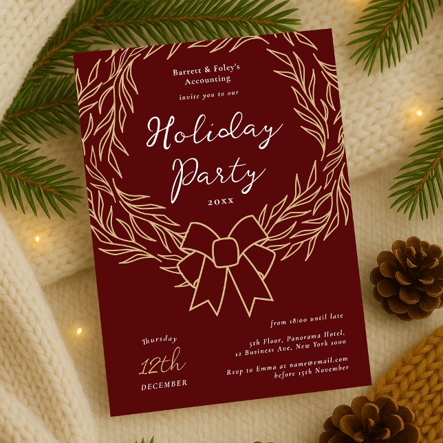 Company Holiday Party Red & Gold Wreath Business Einladung (Modern minimal greenery wreath Business Holiday Party Invitation in red and gold)