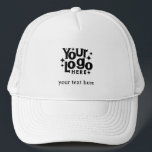 Company Logo Retro Text Business Marketing Truckerkappe<br><div class="desc">A retro look "your logo here" and text design placeholder which can be replaced with your personalized custom business logo and text. A great design perfect for business apparel, corporate employee uniforms, team logo hat and more. Simply upload your custom logo and create your own custom business logo trucker hat....</div>