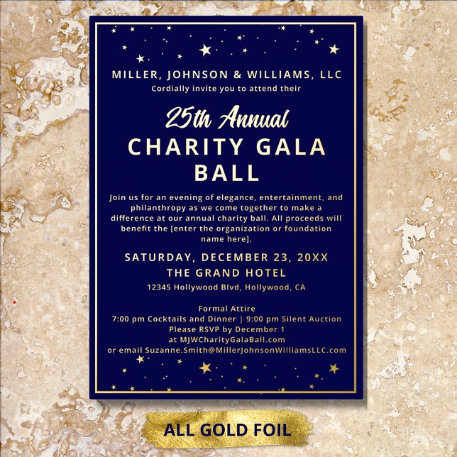 Company Wohltätigkeit Gala Ball Elegante Blauen Al Folieneinladung (Elegant Charity Gala Ball Invitations in All Gold Foil, fully customizable with your details.)